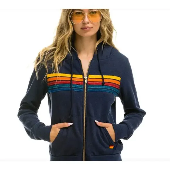 NWOT Aviator Nation 5 Stripe Zip Hoodie Navy Unisex Large Made in USA - Picture 1 of 9